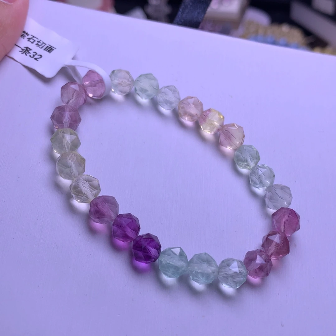 手串水晶银S925镶嵌萤石切面7mm