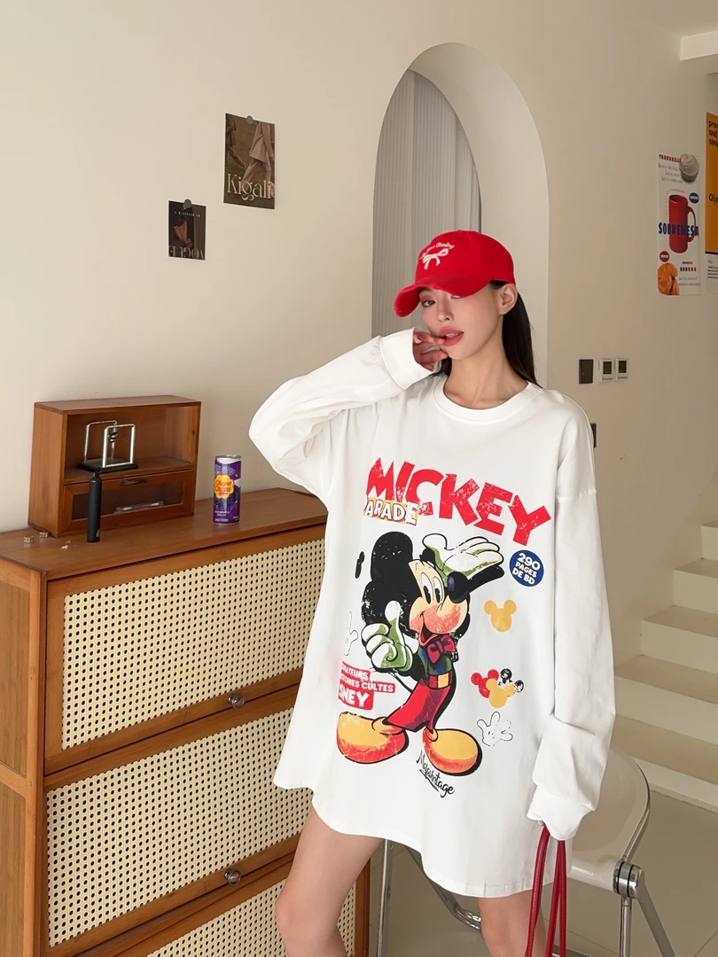 【芊诺潮牌】25新款卡通卡通大米奇印花慵懒感大版遮屁股长袖款1078