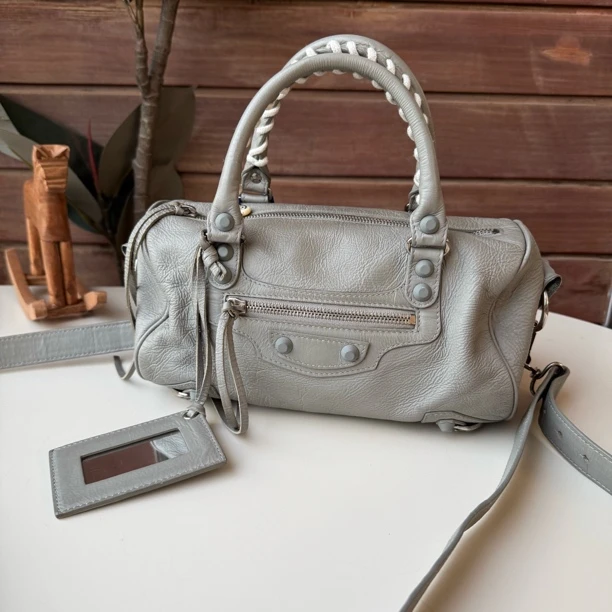95新 Balenciaga/巴黎世家 灰色机车小号twiggy油蜡皮单肩包