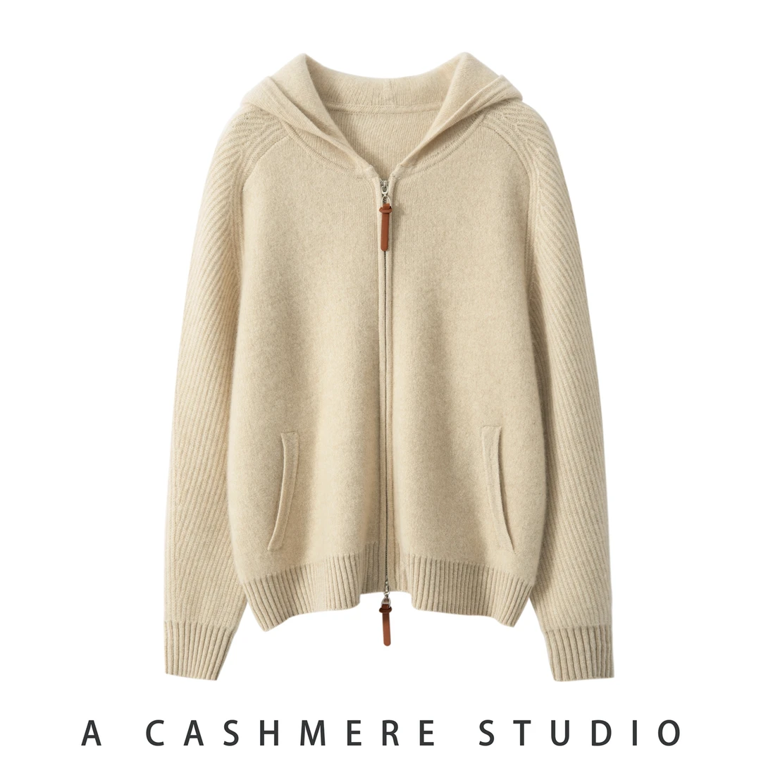 连帽羊绒衫女100%纯山羊绒插肩袖毛衣宽松带帽打底针织衫上衣外套