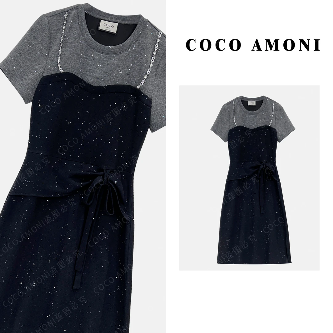 名媛风设计师新款假两件时尚女装拼接褶皱收腰气质连衣裙AC358