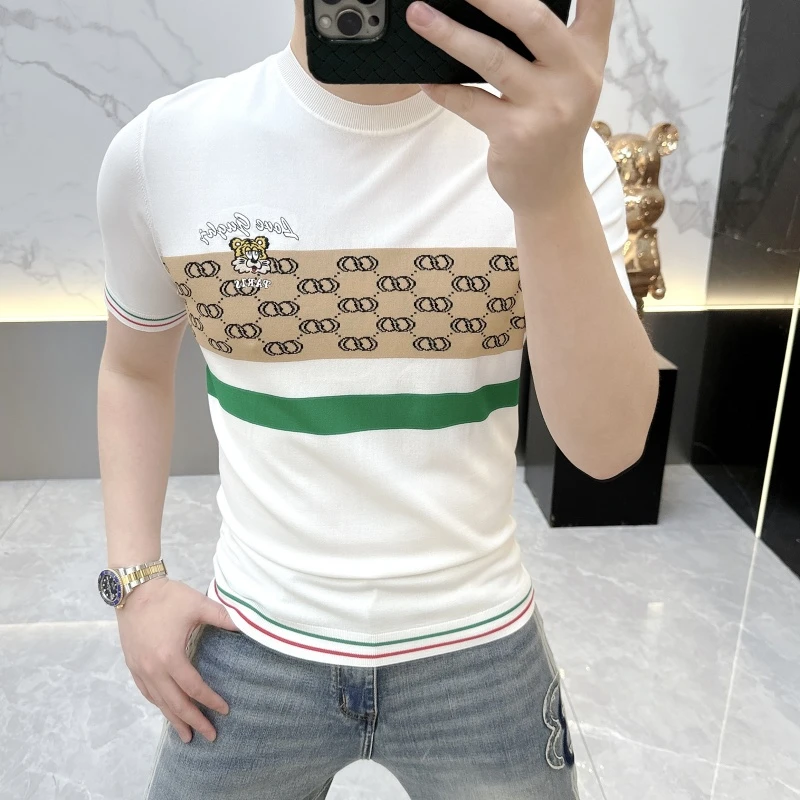 度尚-2025新款男士夏季高品质冰麻针织时尚潮流圆领撞色短袖t恤