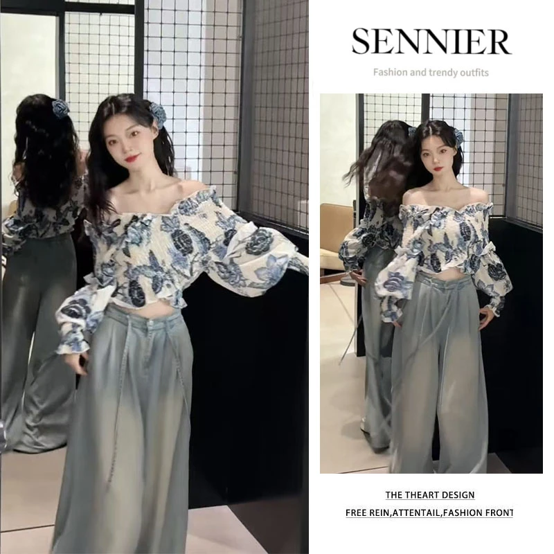 韩系穿搭2025秋季新款设计感长袖碎花一字肩上衣阔腿牛仔裤两件套