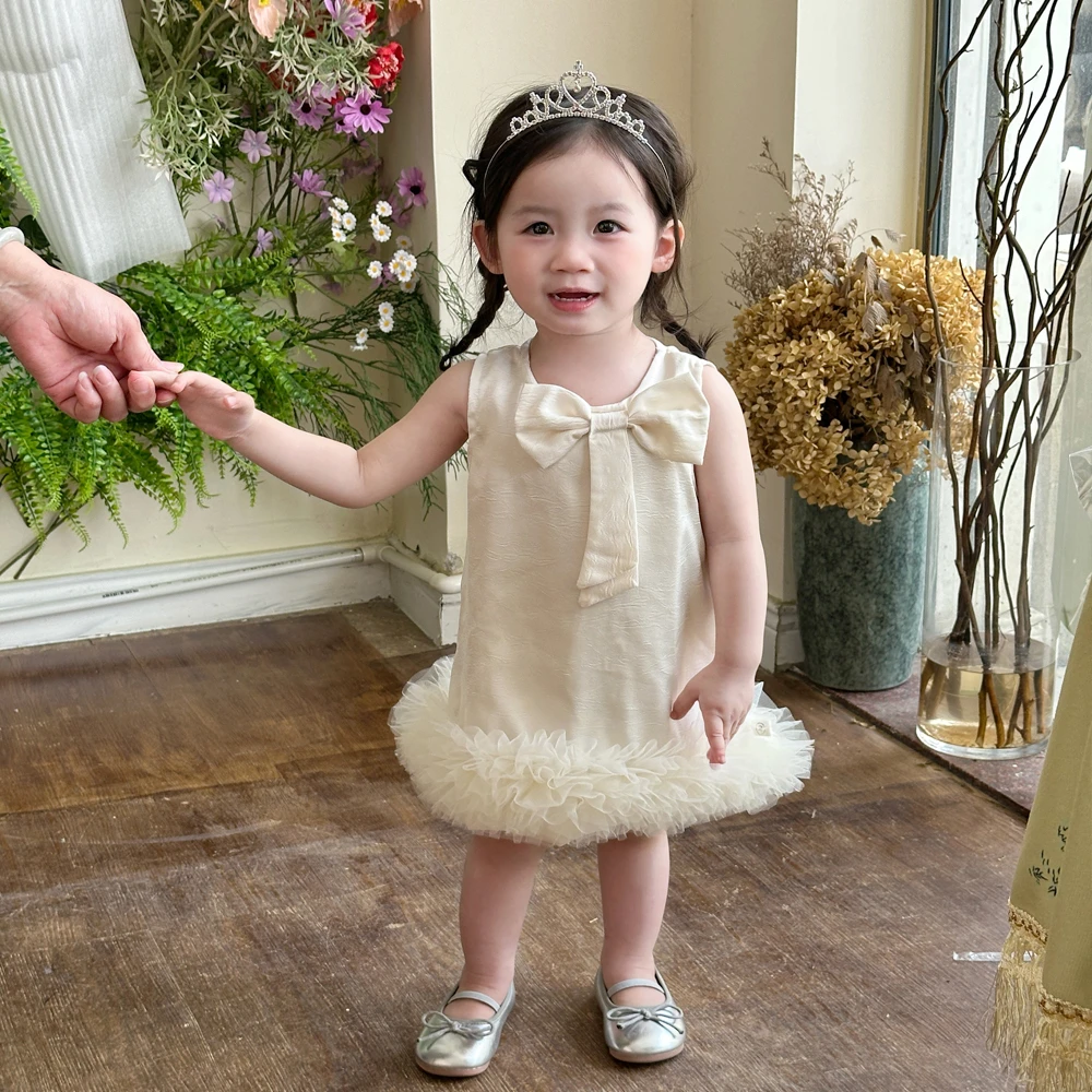 女童蝴蝶结公主裙2025新款夏季女宝宝网纱连衣裙儿童生日礼服裙