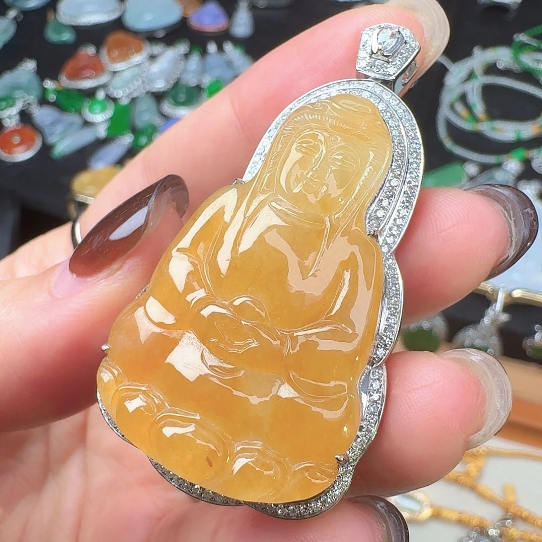 翡翠18K金镶嵌吊坠(赠链)冰黄翡观音