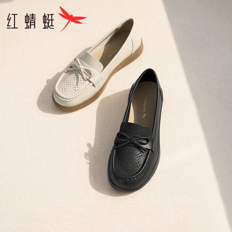 红蜻蜓妈妈鞋2025新款一脚蹬女鞋真皮舒适平底单鞋软底中老年鞋子