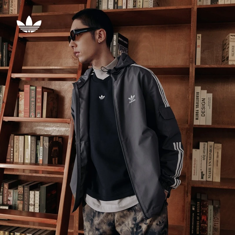 阿迪达斯三叶草 经典条纹运动外套连帽夹克男女款KB1942