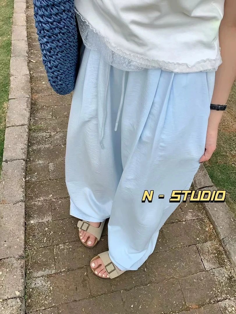 女装2025春夏新款奶皮裤休闲裤韩系简约百搭显瘦松紧腰阔腿裤