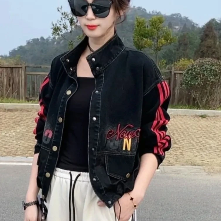立领复古牛仔外套2025春季新款时尚条纹印花减龄百搭显瘦短款上衣