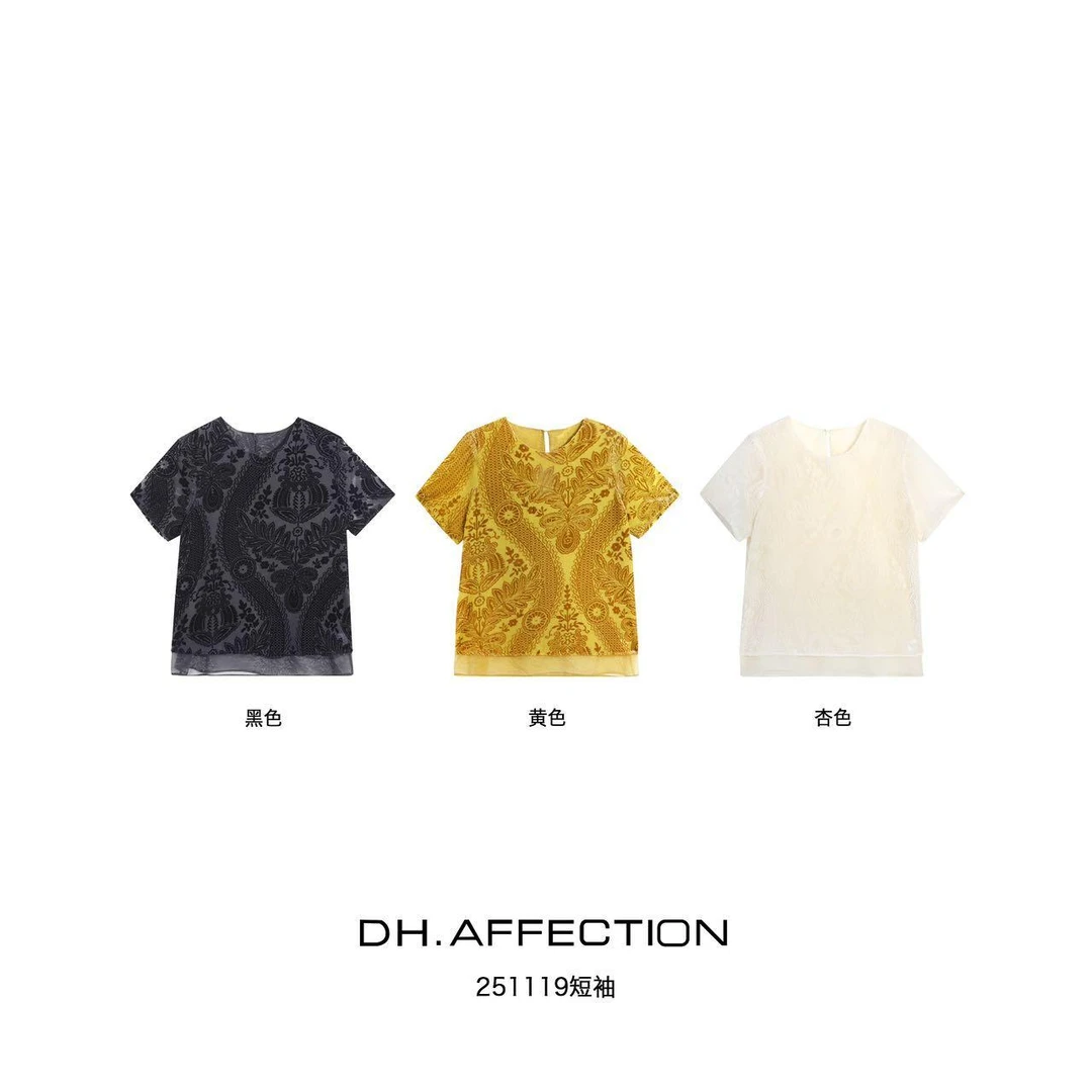 杨杨 DH-(浮雕艺术)圆领提花丝绒宽松百搭设计感气质小衫251119