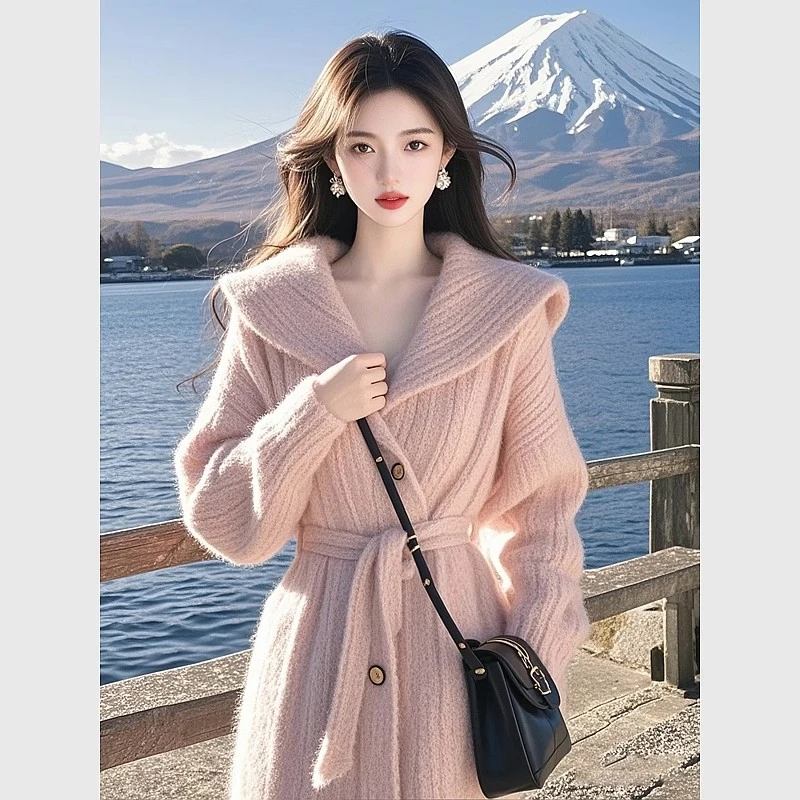 高级感气质粉色翻领针织2025春季慵懒风韩系设计感