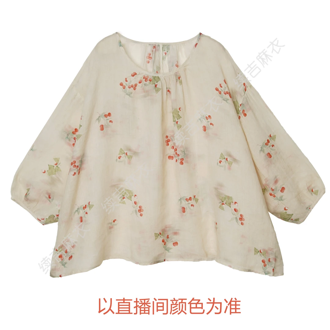 续吉麻衣25-424苎麻圆领复古印花古风宽松国风衬衫