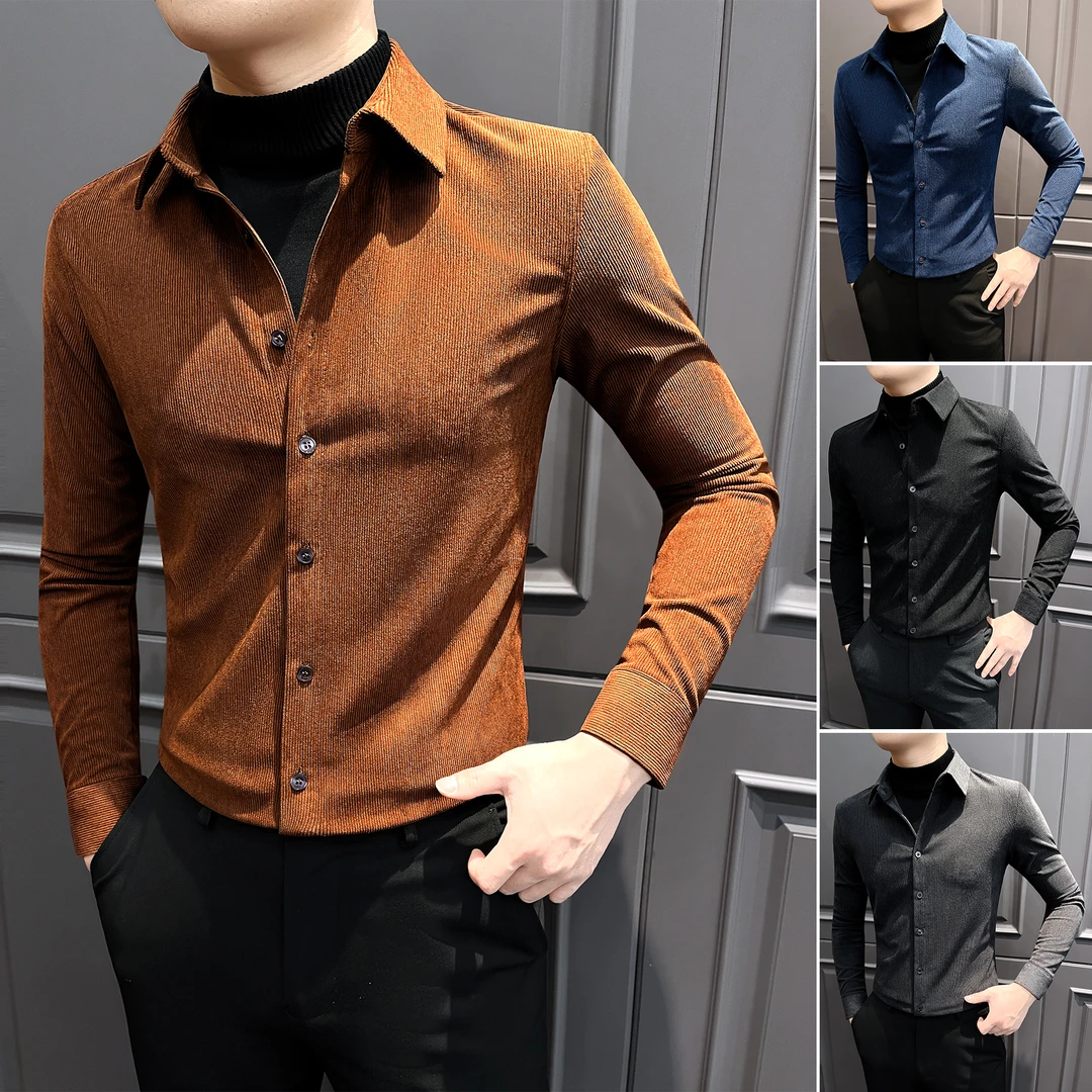 灯芯绒假两件衬衫男款爆款2025新款痞帅休闲男装冬季修身男士衬衣