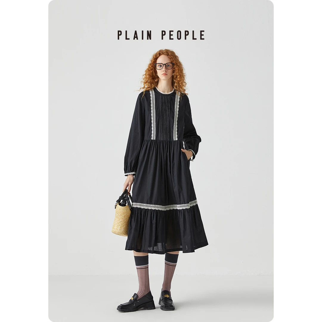 PLAIN PEOPLE【黑白蕾丝】法式浪漫打条圆领长袖连衣裙女墨2025秋