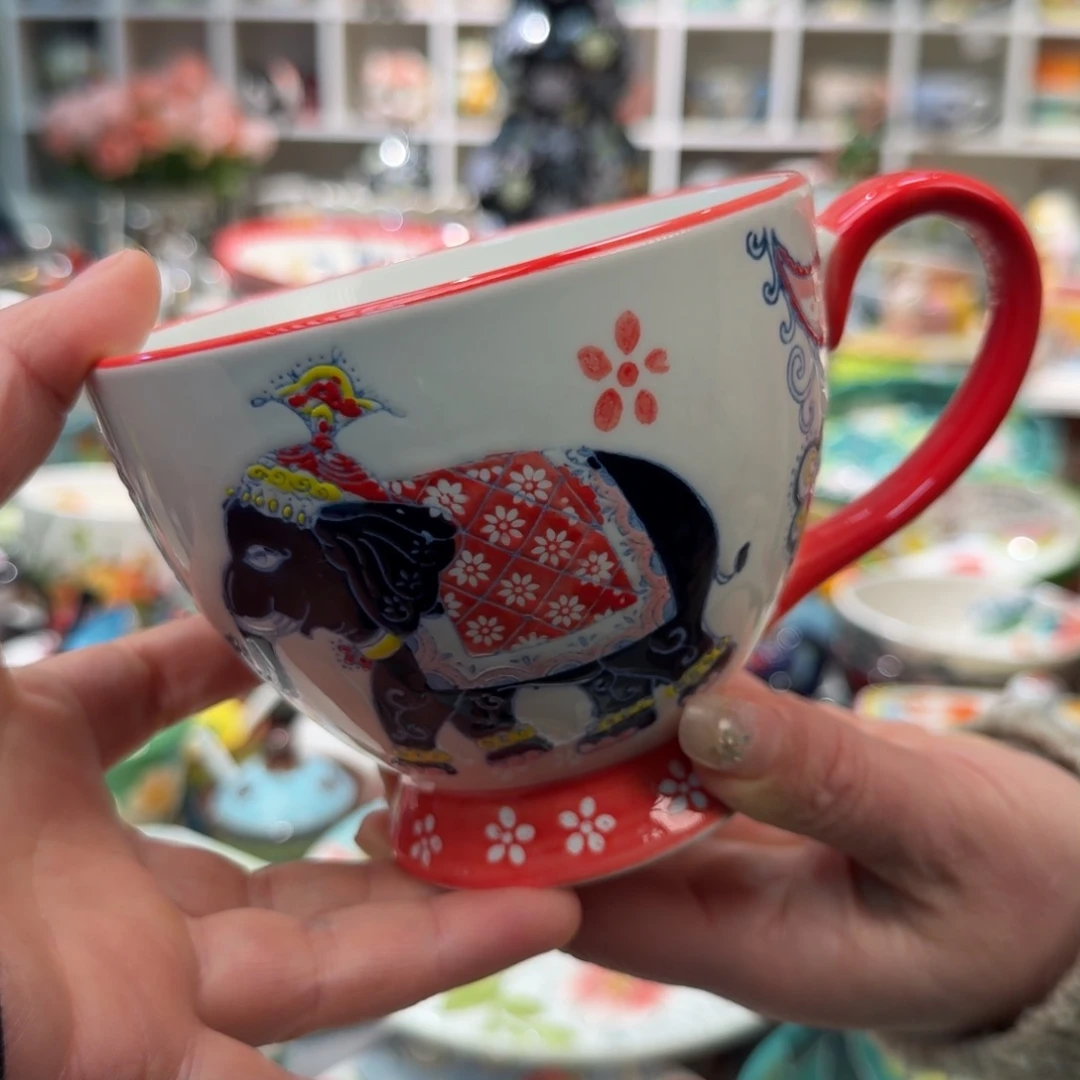 陶瓷红象浮雕早餐杯1只