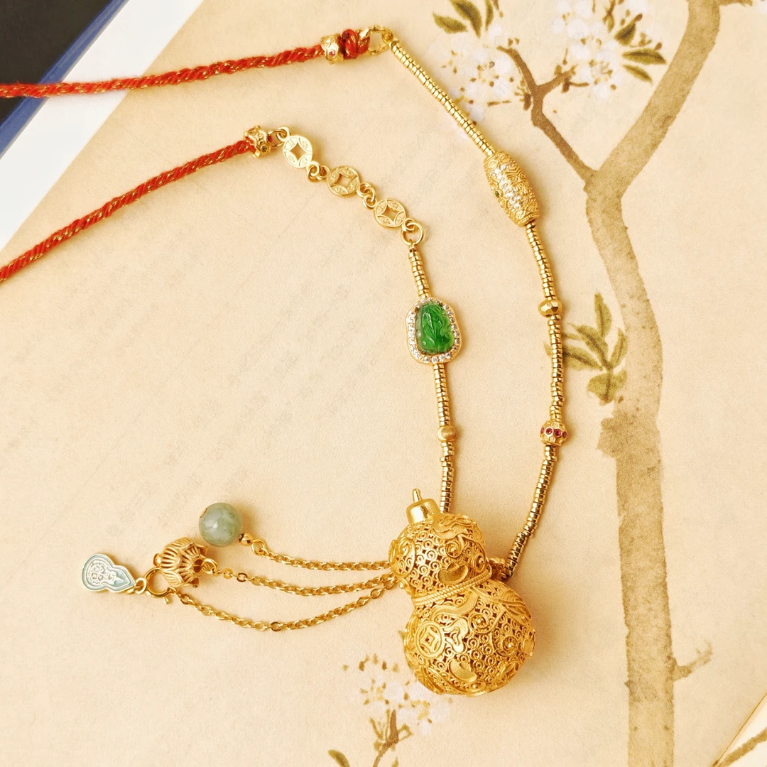 吴越老银铺 坠链均925银 新中式古法镂空花丝银葫芦银项链吊坠