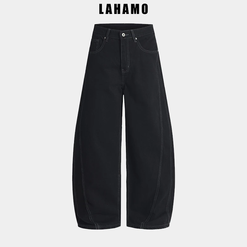 Lahamo/癞蛤蟆AC立体解构拼接男女同款小弯刀宽松水洗牛仔裤3527