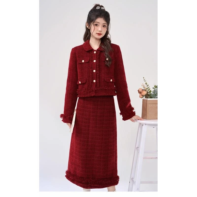 YH-66733大码胖mm冬季加棉酒红色外套小香风两件套学院风简约法式