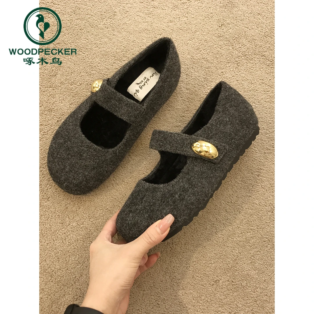 啄木鸟复古软底毛毛鞋加绒玛丽珍鞋女2025年冬季毛呢内增高博肯鞋