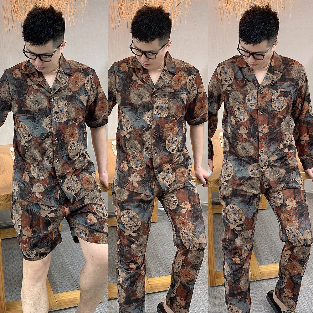 大码男士印花高品质休闲可外穿家居服两件套奢华舒适高档睡衣套装