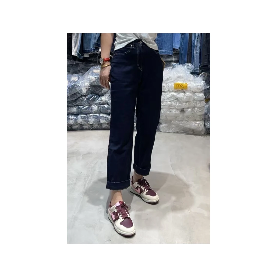 丹宁色中高腰百搭底抓绒法棍裤