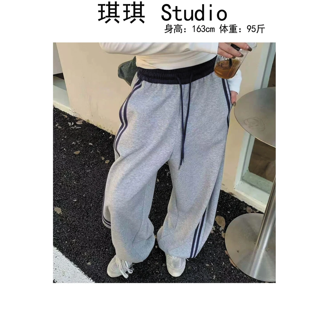 《琪琪家》冬季新款加绒加厚松紧腰抽绳侧条经典款休闲裤25503-CS