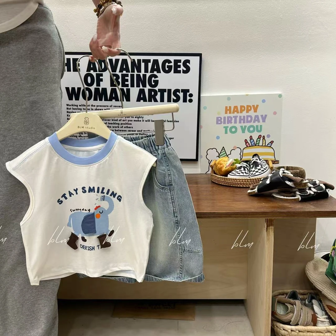 男童夏季套装2025新款儿童背心卡通宝宝夏装韩版牛仔中裤两件套