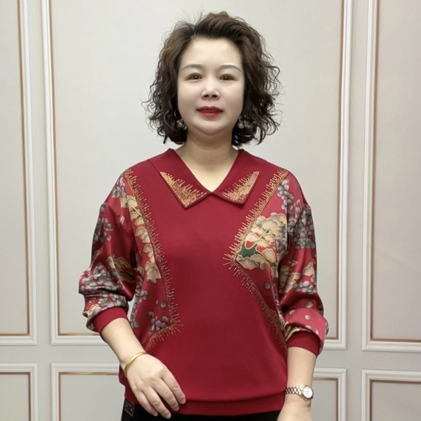 2025春季薄款气质百搭显瘦妈妈装宽松长袖时尚拼接中老年打底衫