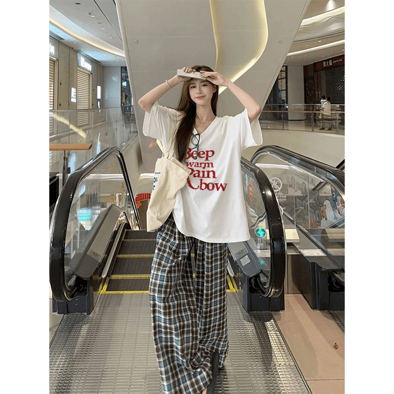 印花字母纯色修身型常规短袖T恤宽松设计感套装夏季