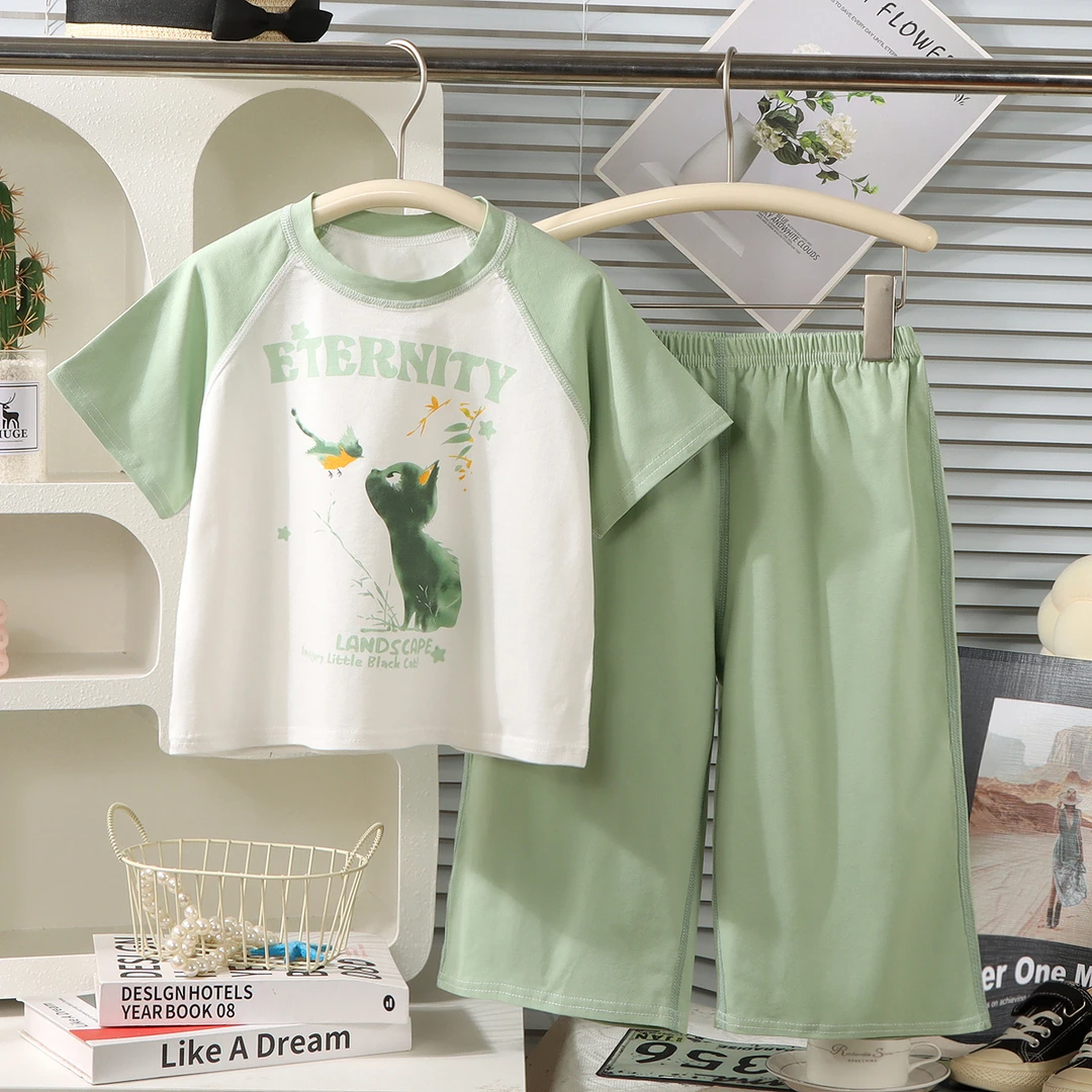 【纯棉】亲子家居服睡衣儿童九分裤宽松慵懒风短袖休闲夏季卡通套装