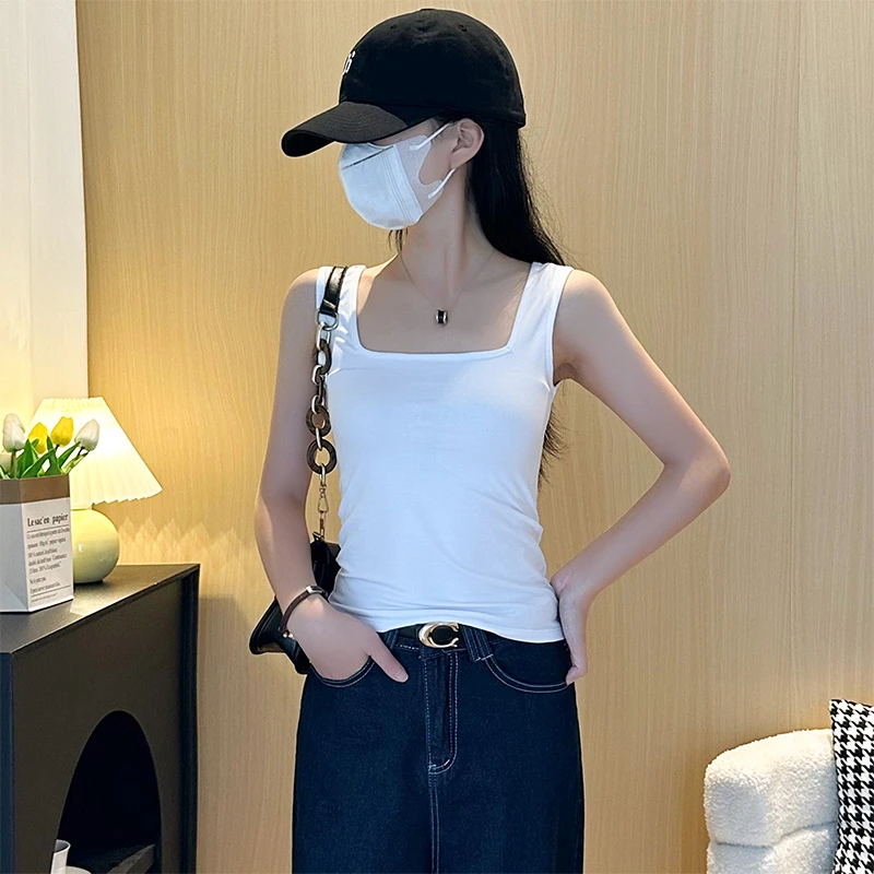 白色方领美背吊带背心女内搭外穿夏新款修身打底收腰显瘦纯棉上衣
