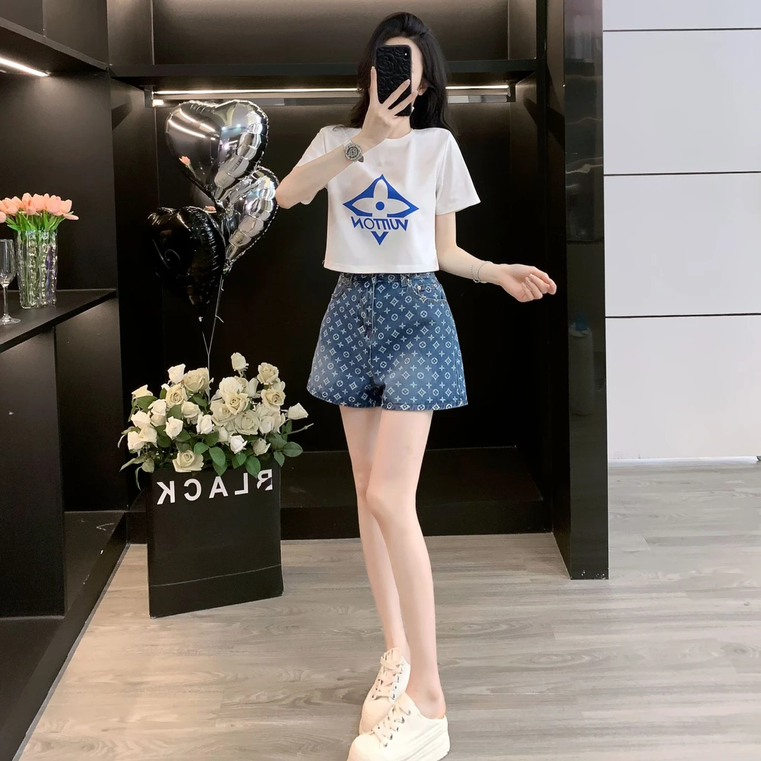 短袖t恤女正肩短袖显瘦小个子上衣复古提花牛仔裤短裤A字阔腿裤子