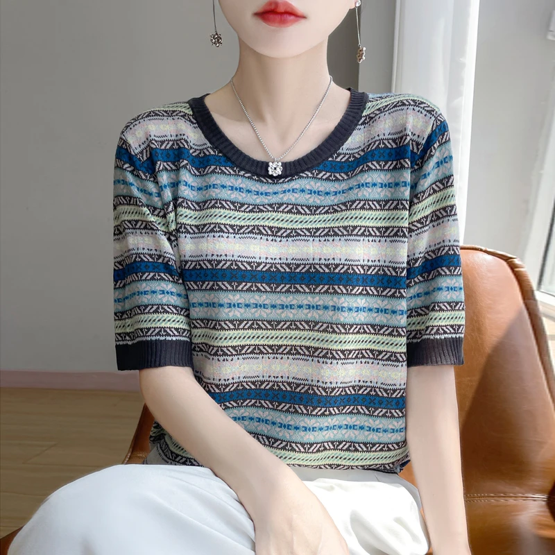 100莱赛尔撞色彩条短袖夏季宽松大码洋气上衣圆领条纹半袖