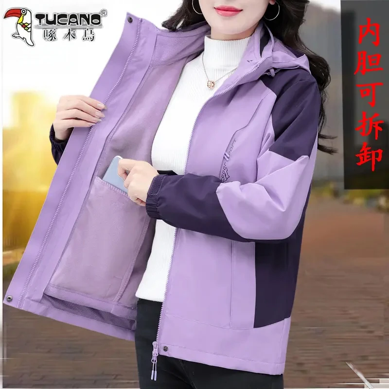 啄木鸟2025冲锋衣户外休闲秋冬季保暖女士大码可拆卸百搭妈妈装