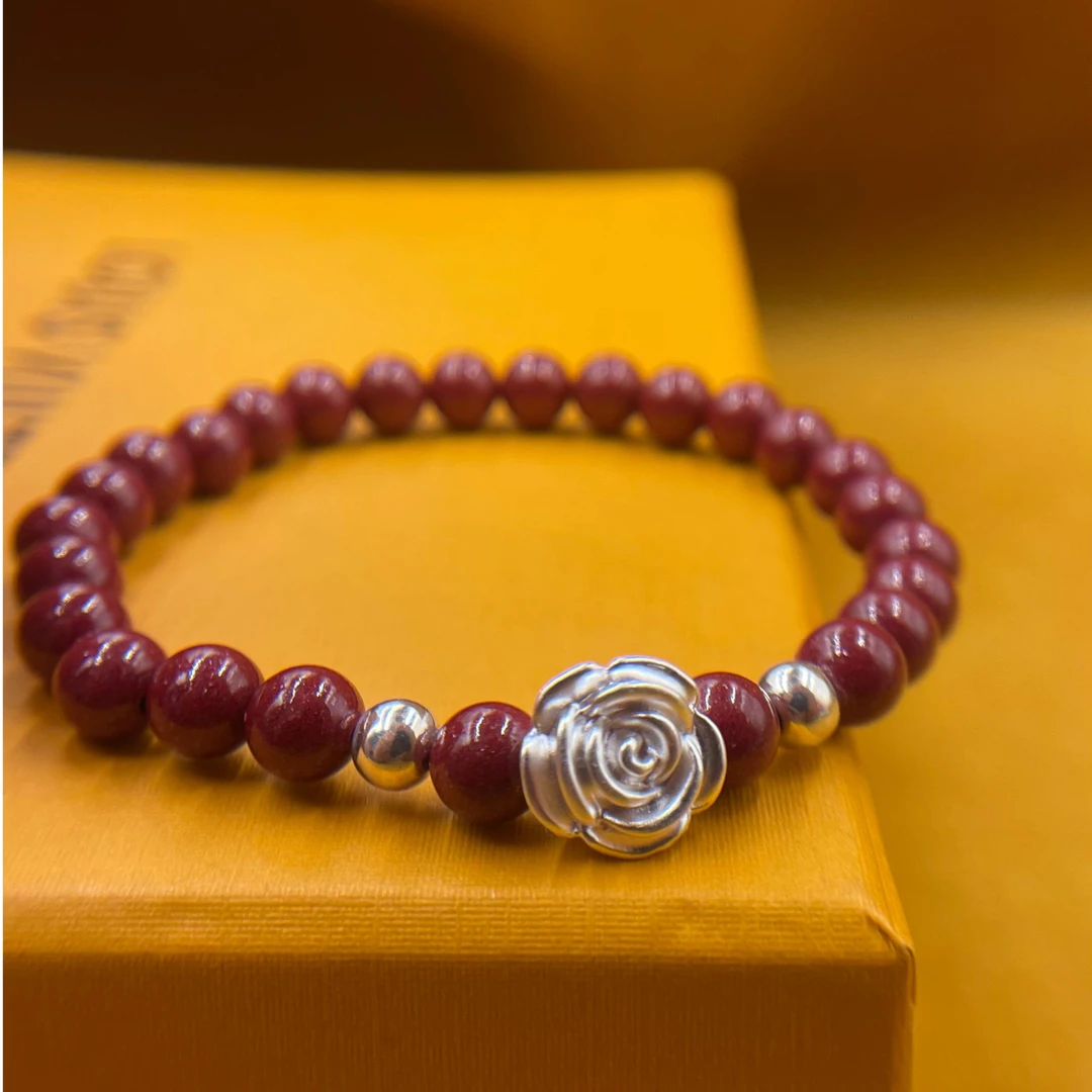 天然辰砂【朱砂】足银999玫瑰花 朱砂6N手链本命年经典