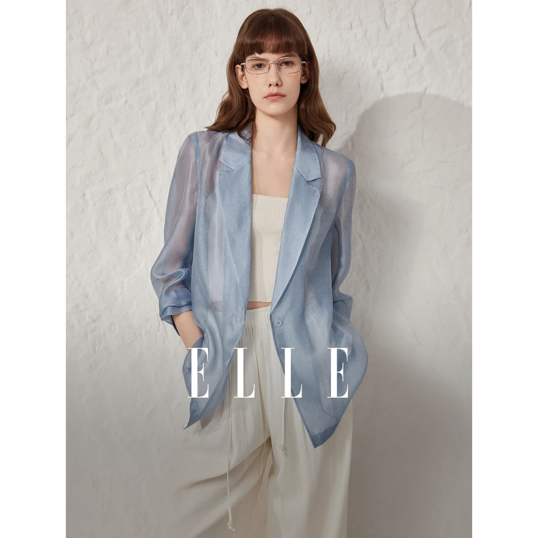 ELLE轻薄欧根纱西装外套女2025夏优雅小西服EX50792