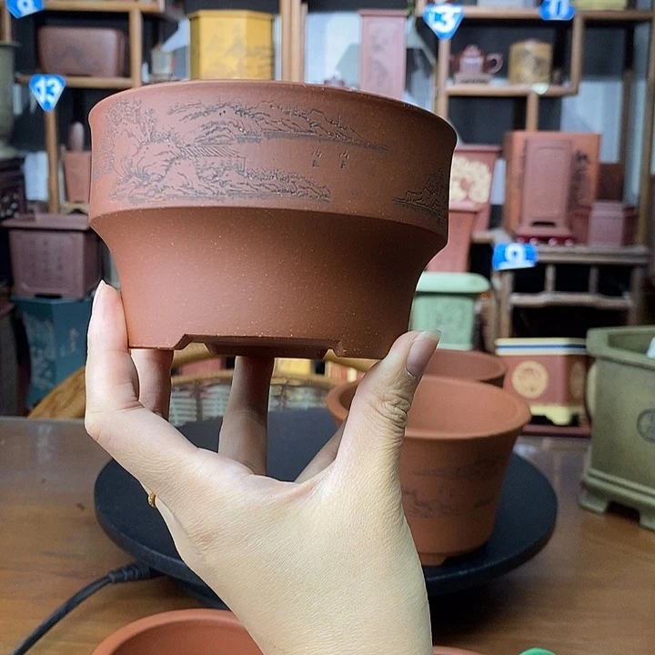 紫砂花盆精刻山水圆盆