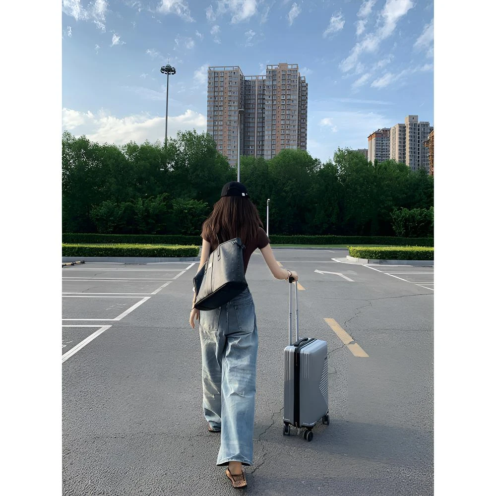 美式破洞阔腿牛仔裤女春秋新款显瘦小个子宽松高腰直筒百搭拖地裤