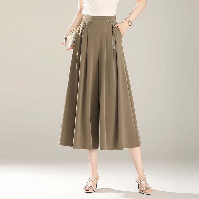 休闲裙裤女夏季2025新款八分裤高腰百褶垂坠感宽松大脚冰丝阔腿裤