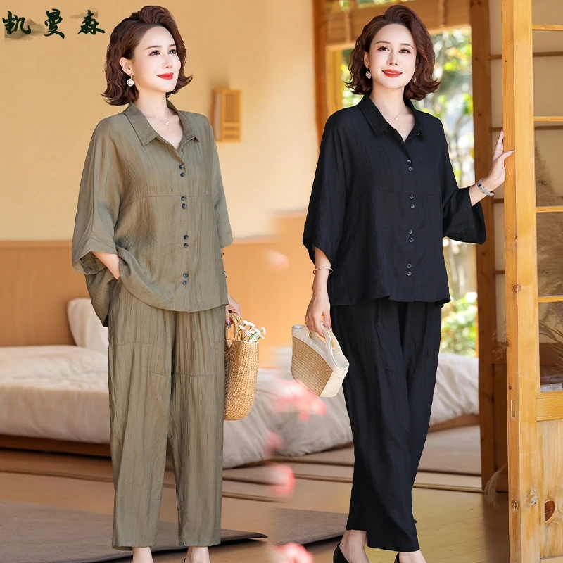 中年妈妈夏装套装气质七分袖上衣小衫中老年女夏季宽松显瘦两件套