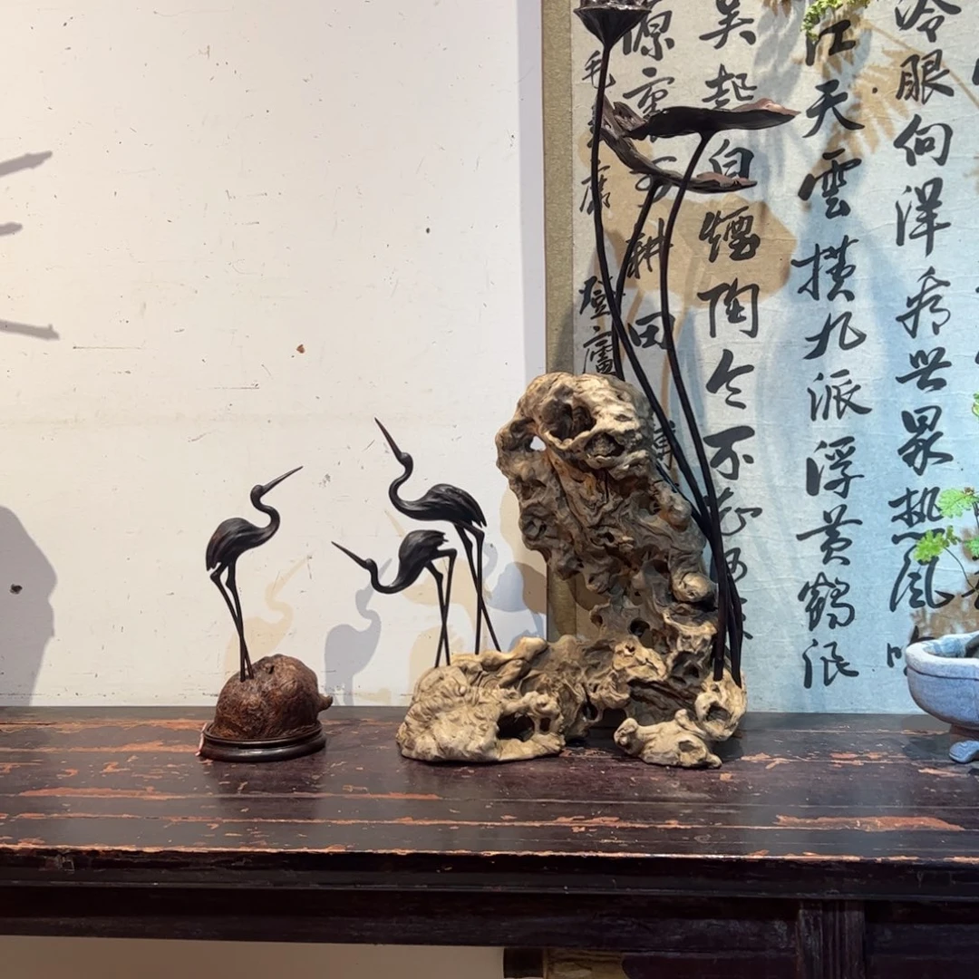 天***。柏木根雕荷叶作品1根雕仙鹤香炉仙鹤1