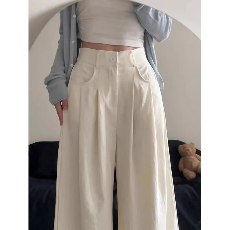 白色阔腿裤女夏2025款慵懒松弛感裤子高腰垂感西装奶油褶皱山本裤