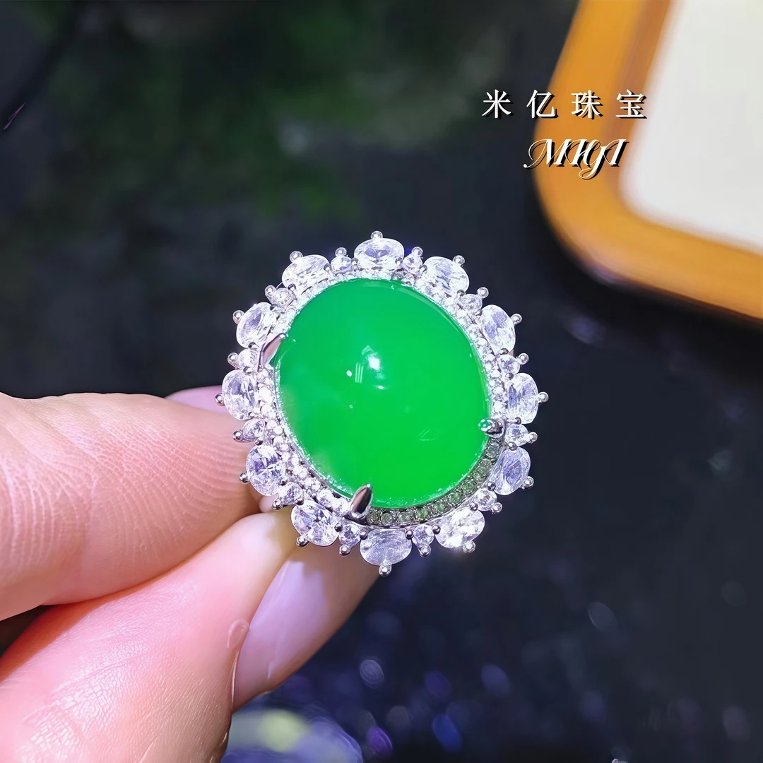 MIYI天然玉髓戒指国风玉髓蛋面戒指S925银镀金镶嵌