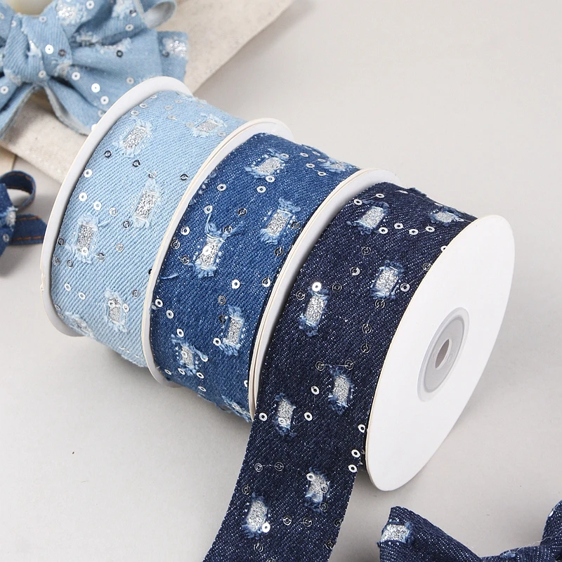 单面珠片磨破闪料仿牛仔布带手工diy蝴蝶结头饰发夹服装辅料织带