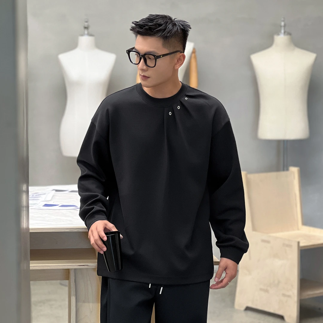 二十二号穿搭【镂空扣造型款】设计款立体压褶长袖T恤男高级感内搭