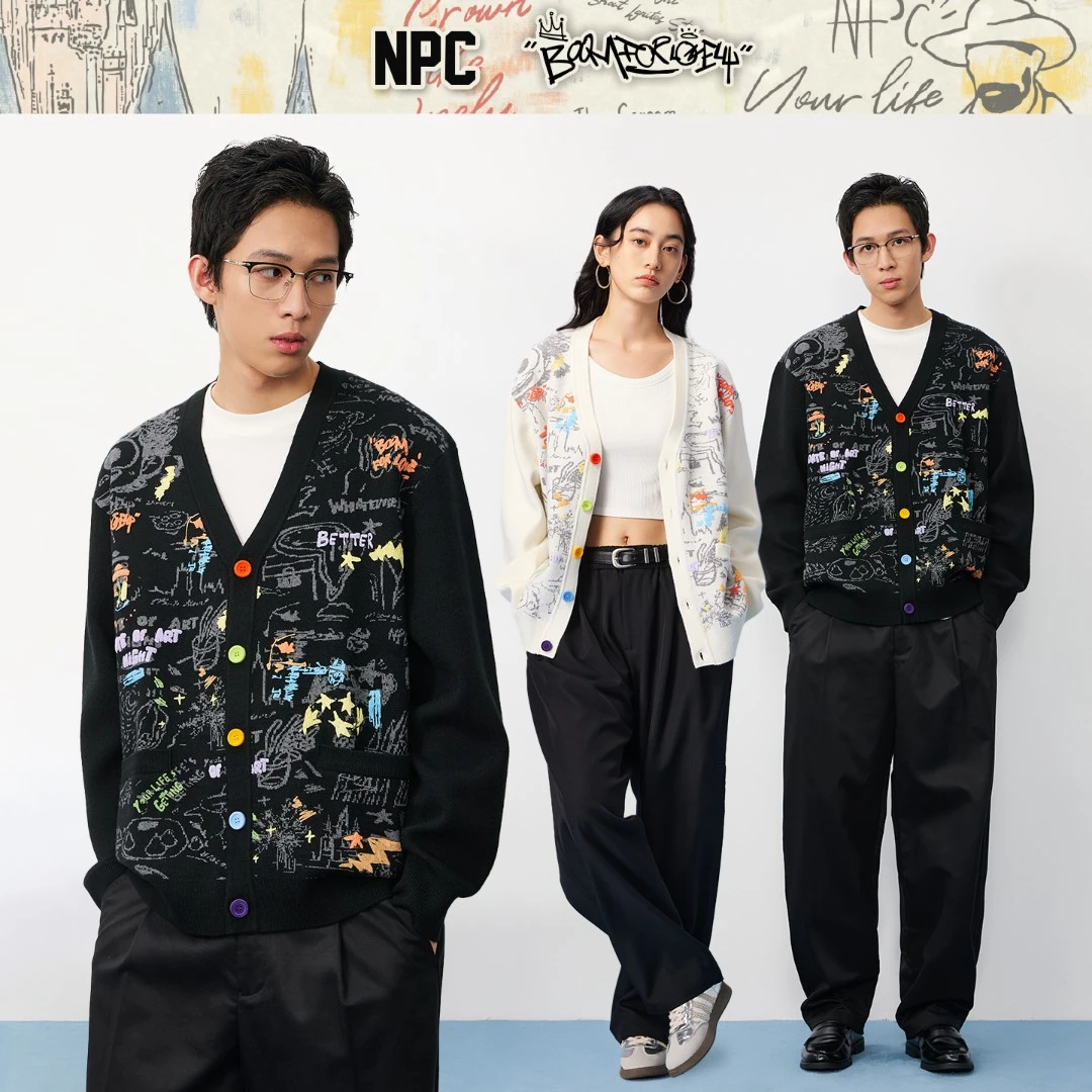NPC潮牌满印涂鸦【博物馆奇妙夜】印花针织开衫V领男秋上新NP57SW54
