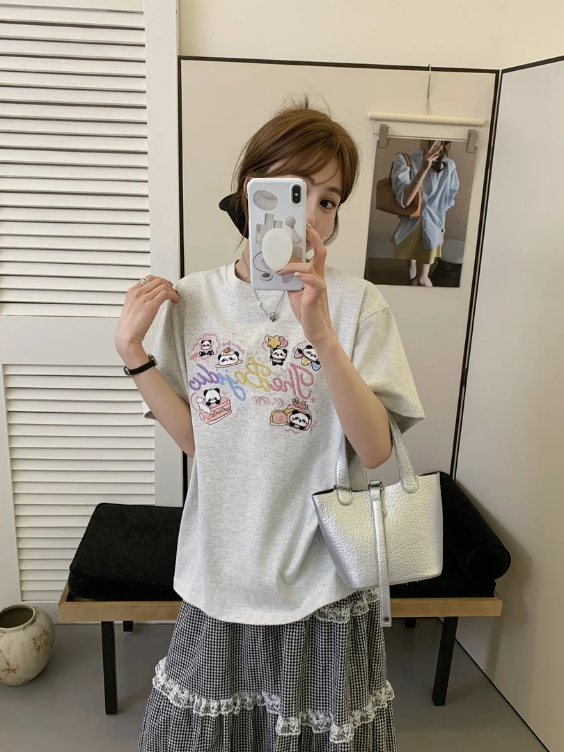 程程甄选  重工刺绣熊猫小众百搭时尚休闲短袖911