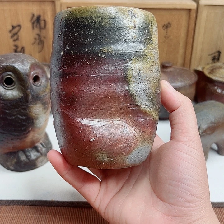 备前烧,大高杯,款自查