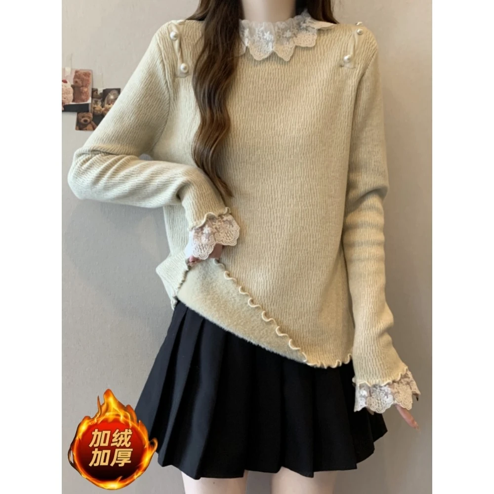 蕾丝拼接毛衣女秋冬2025大码胖mm加厚一体绒针织打底衫设计感上衣