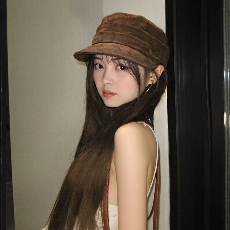 2025新款日系复古麂皮绒马术帽秋冬贝雷帽大头围显脸小百搭鸭舌帽